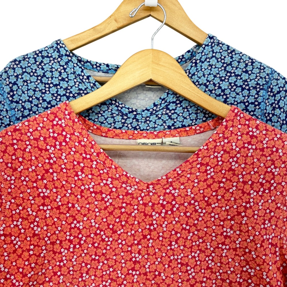 VTG Cherokee Floral V-Neck T-Shirt 2-Pack Red Blue Pink Cotton XL (X) Cotagecore